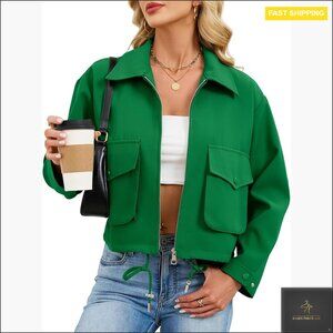 Lightweight Cropped Bomber Jacket with Pockets, Long Sleeve Zip Up Utility Coat